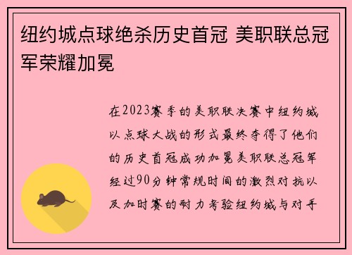 纽约城点球绝杀历史首冠 美职联总冠军荣耀加冕 纽约城点球绝杀历史首冠 美职联总冠军荣耀加冕